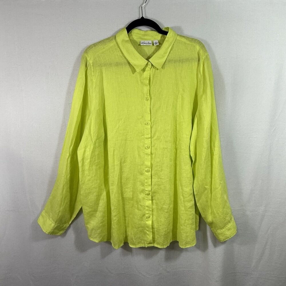 Plus Size Kim Rogers 100% Linen Chartreuse Green Yellow Button Up Blouse Top 2X